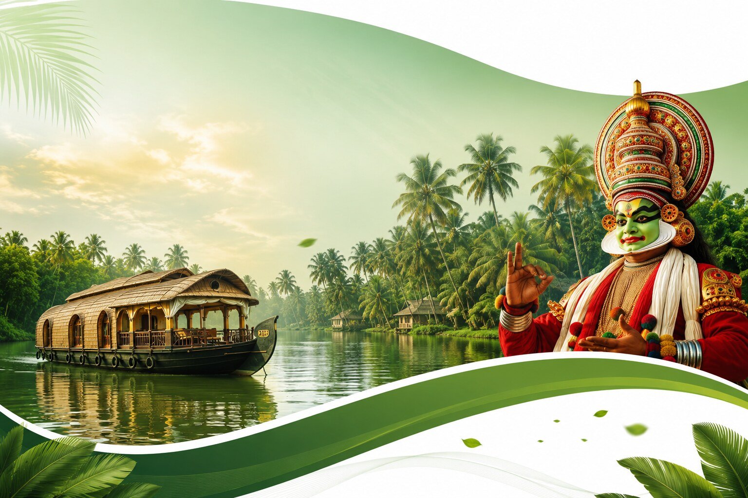 Kerala backwaters at sunset with a traditional houseboat, coastal temple and resort pool